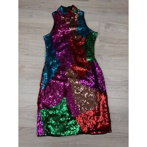 Vintage La Divina New York 80s Sequin Silk Dress Multicolor Geometric Size S